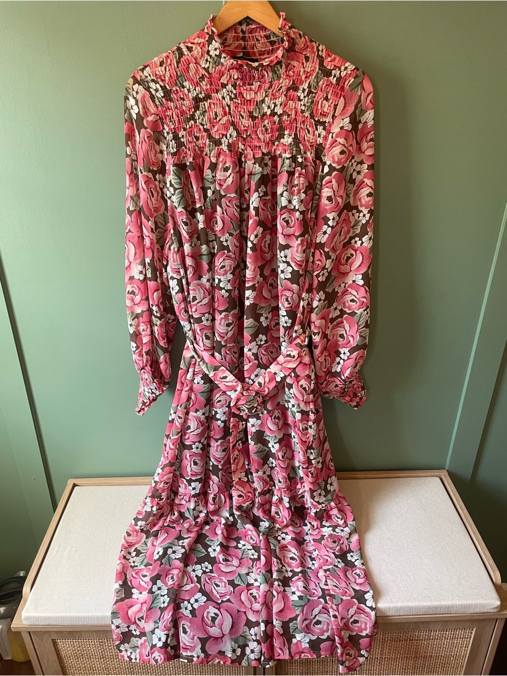 En Saison Pink and Brown Floral Smocked Blouse
